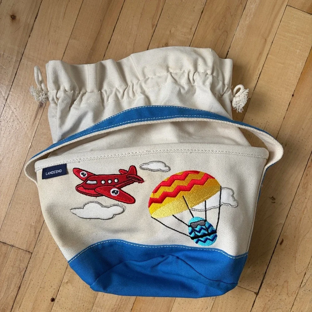 Lands End Easter Tote Basket Canvas Eggs Airplane Boy Theme Easter Basket